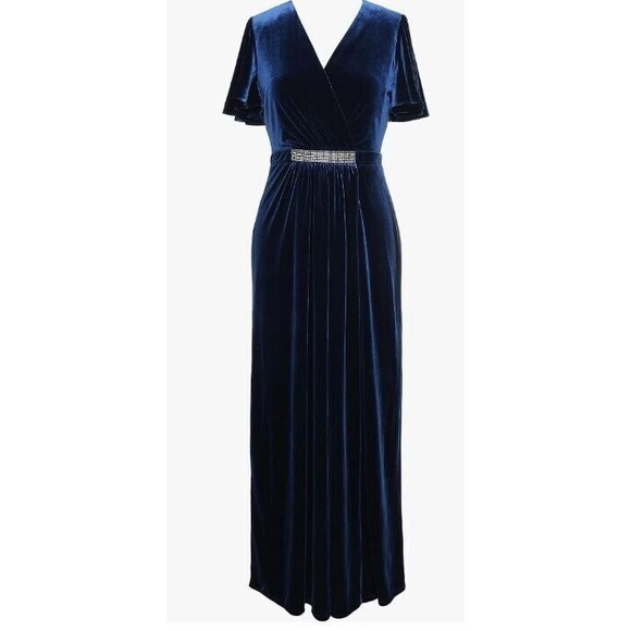 S.L. Fashions NWT Long Flutter Sleeve V Neck Dress Beaded Waist Womens Size 8 - Picture 1 of 10